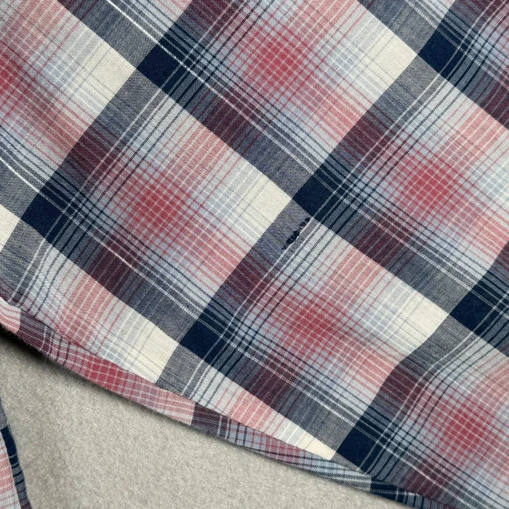 Levis Mens XL-Tall Plaid Western Pearl Snap Shirt Red White Blue Vintage Korea